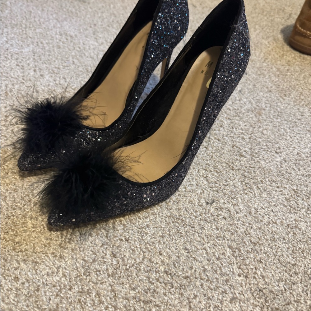 Mix No. 6 Black Glitter Heels with Feather Accent